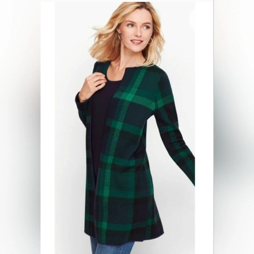 Talbots Merino Wool Plaid Cardigan Sweater Open Front Green Blue Women's Large L - Picture 2 of 6